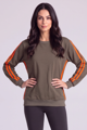 Dámska bavlnená mikina Megi Collection khaki zelená s oranžovými prúžkami.