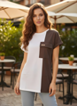 Dámske bielo-čokoládové bavlnené tričko s náprsným vreckom 