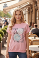 Dámske ružové tričko s kvetmi zdobenými flitrami.