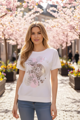 Dámske bavlnené tričko Megi Collection biele s kvetinovým vzorom.