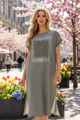 Dámske ľanové šaty s 3D vzorom khaki zelené.
