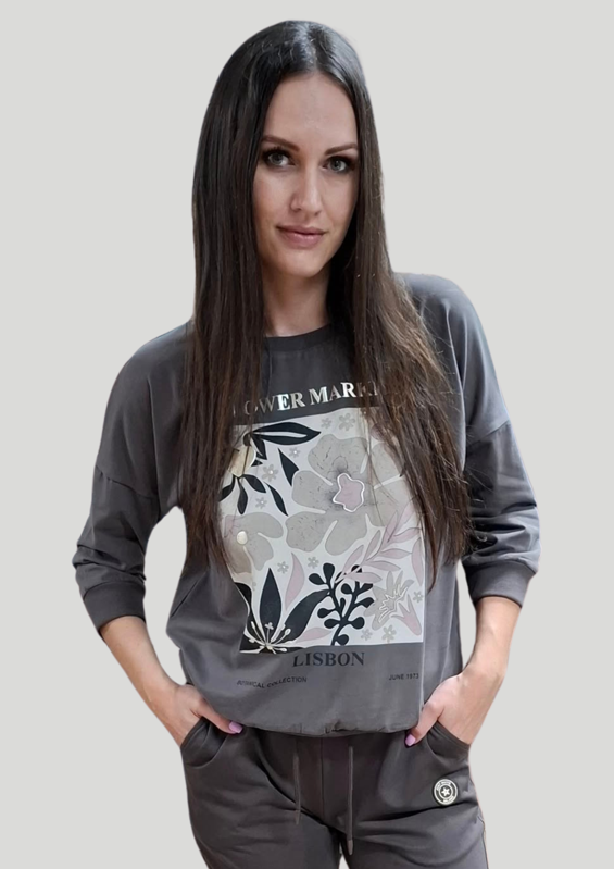 Megi Collection mikina tmavo šedá kvety. Megi Collection mikina tmavo šedá kvety.