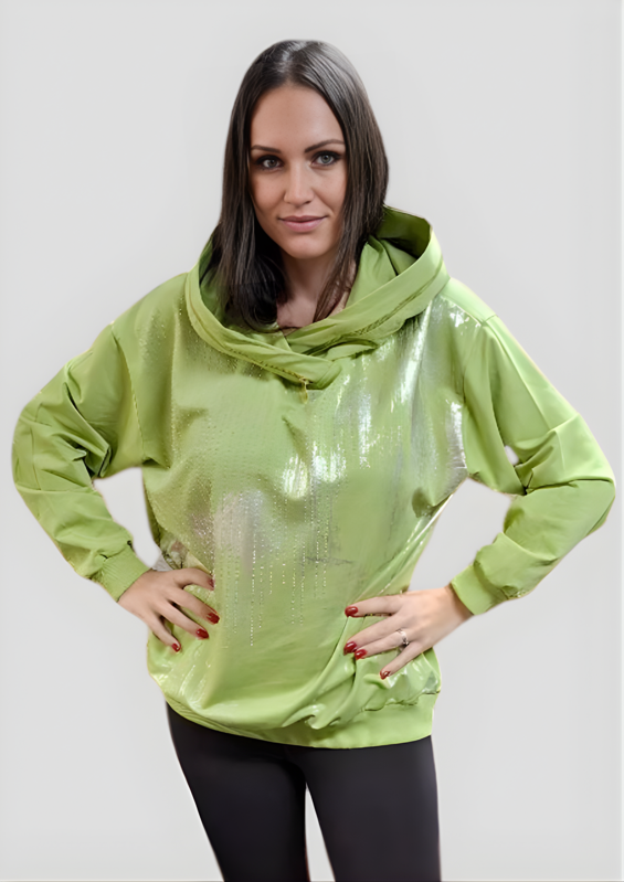 Megi Collection mikina pre plnoštíhle zelená s kapucňou a metalickým leskom.
