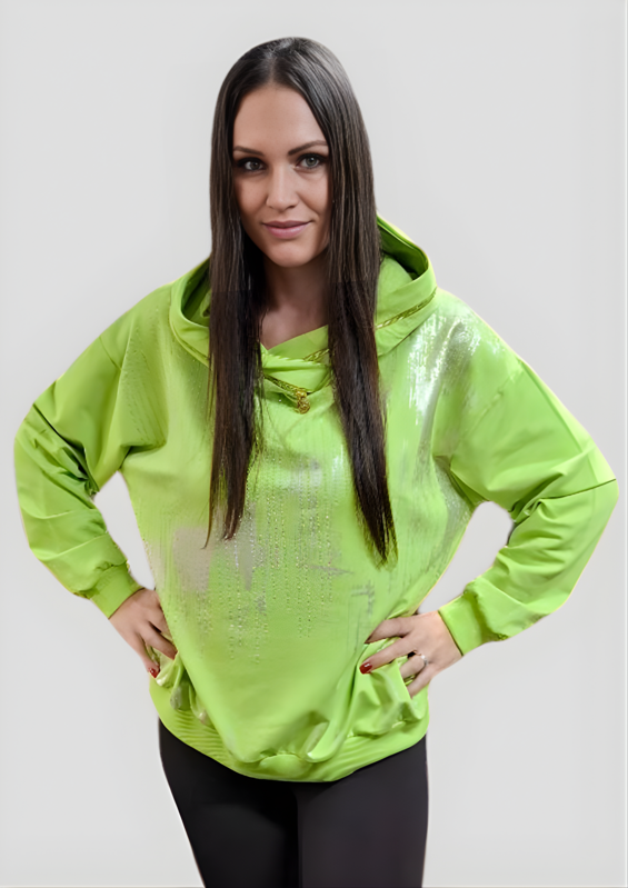 Megi Collection mikina pre plnoštíhle neónovo zelená, so zlatým detailom a kapucňou.