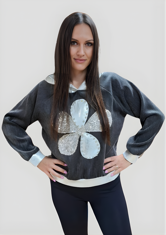 Mikina s kapucňou veľký kvet šedá.