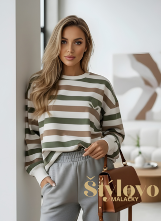 Dámska mikina Megi Collection zeleno-béžové pruhy so srdcom.