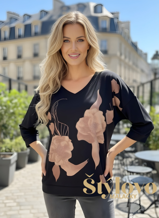 Dámska mikina Megi Collection čierna s kamienkovými kvetmi.