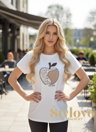 Biele bavlnené tričko s "JABLKO" výšivkou a flitrami.
