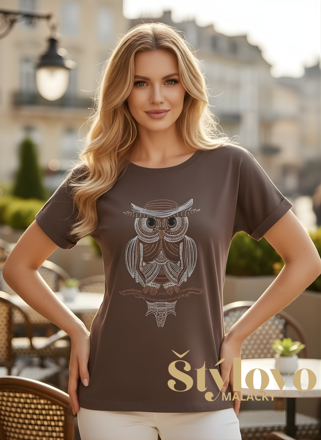 Čokoládové bavlnené tričko "SOVIČKA" so zirkónmi.