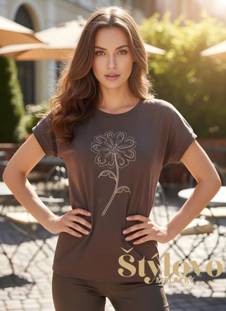 Čokoládové bavlnené tričko "VEĽKÝ KVET" zdobené zirkónmi.