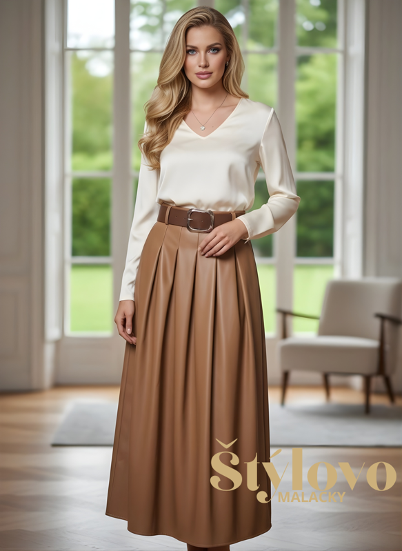 Elegantná zateplená kožená sukňa s opaskom BEATA hnedá.