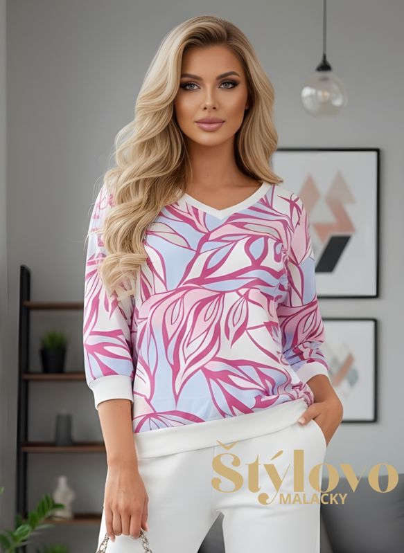 Dámska mikina Megi Collection bielo modro-ružová s kamienkami.