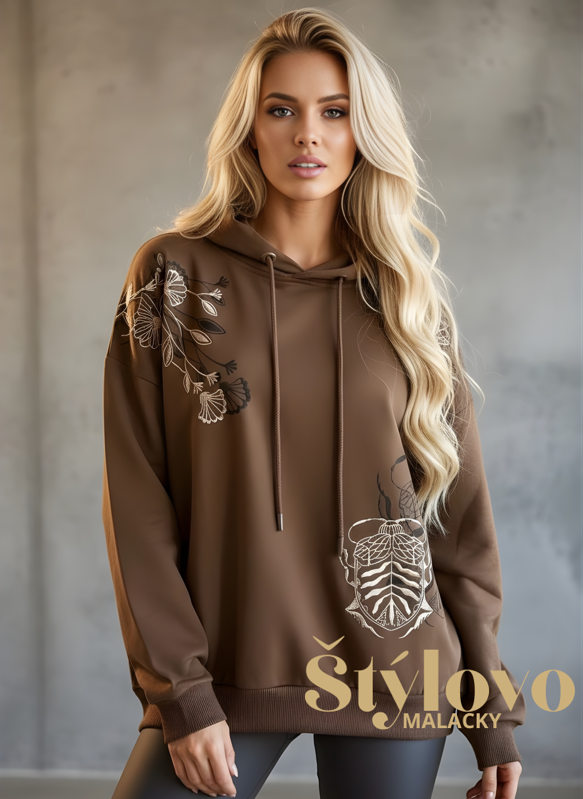 Dámska mikina s kapucňou Megi Collection  čokoládová s vyšívaným vzorom.