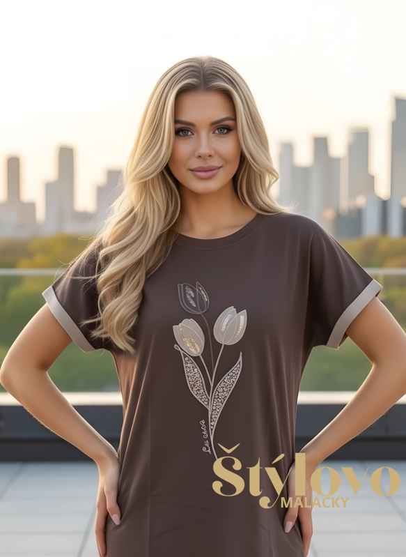 Čokoládové bavlnené tričko "TULIPÁNY" vyšívané.