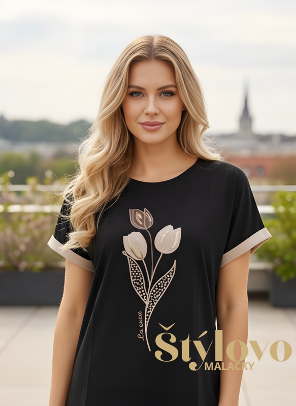 Čierne bavlnené tričko "TULIPÁNY" vyšívané.