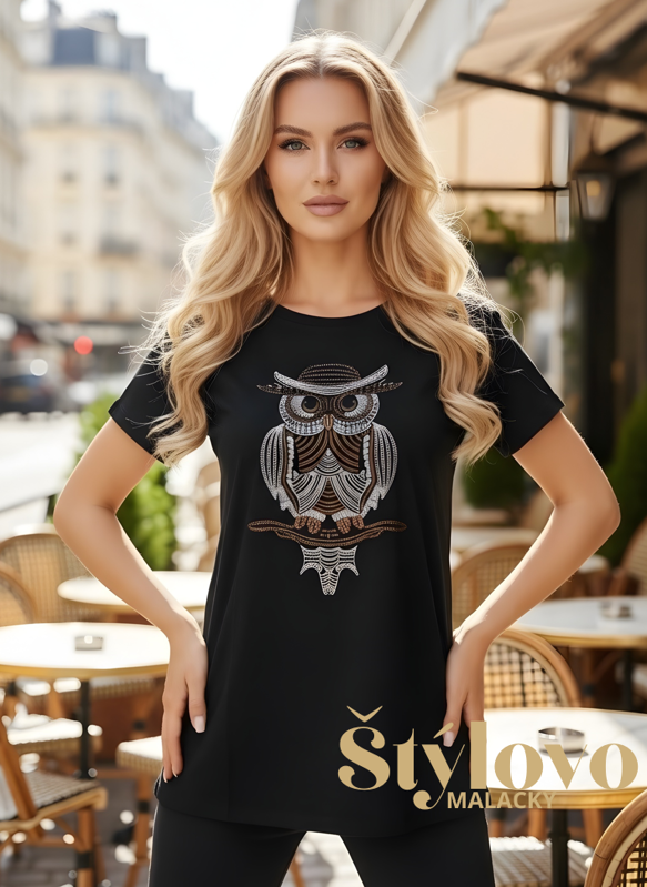 Čierne bavlnené tričko "SOVIČKA" so zirkónmi.