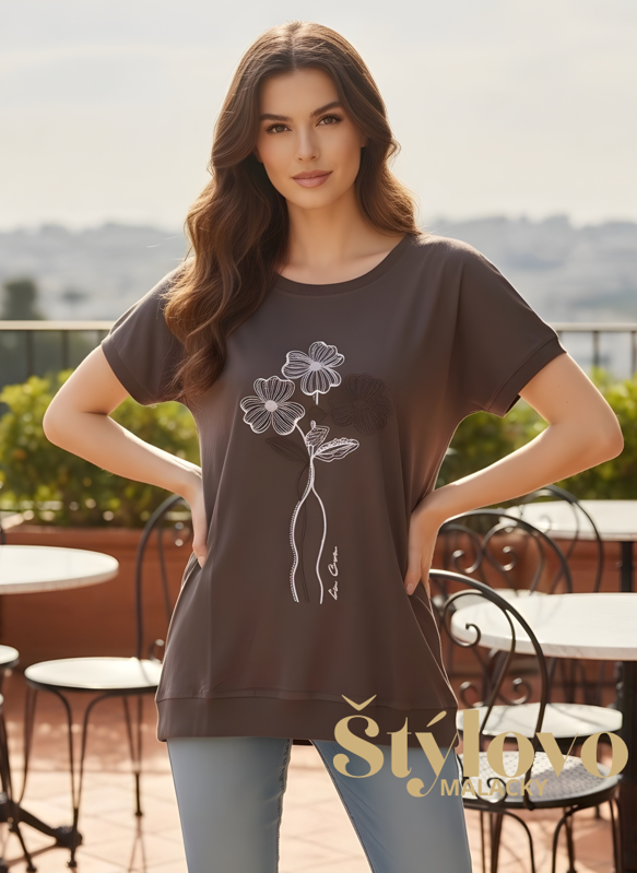 Čokoládové bavlnené tričko "KVETY" zdobené zirkónmi.