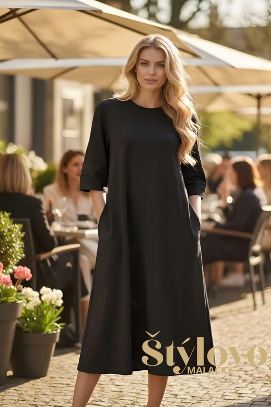 Dámske čierne midi šaty s vreckami.