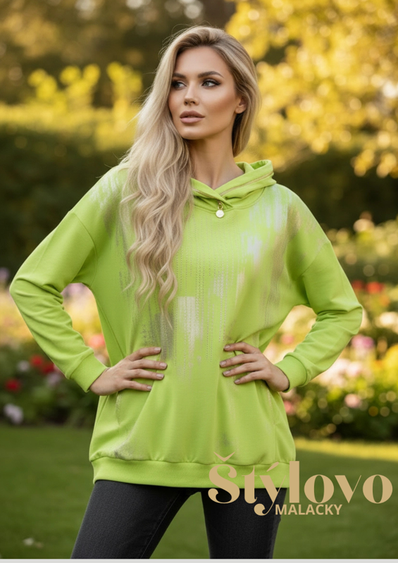 Megi Collection mikina pre plnoštíhle neónovo zelená, so zlatým detailom a kapucňou.