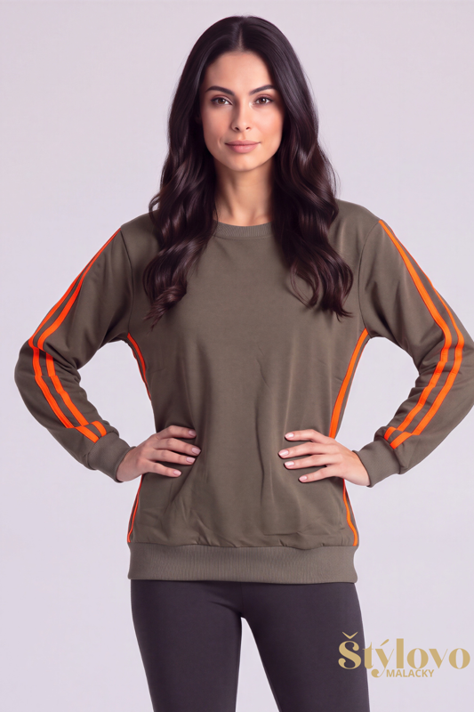 Dámska bavlnená mikina Megi Collection khaki zelená s oranžovými prúžkami.