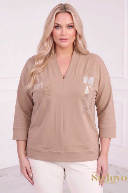 Dámska bavlnená mikina pre plnoštíhle Megi Collection béžová s vyšívanými kvetmi.