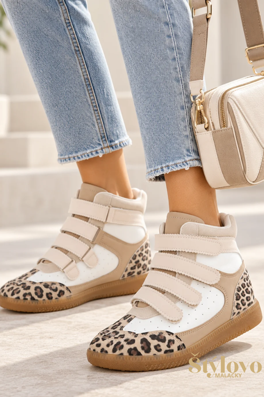 Dámske vysoké tenisky na suchý zips bielo-béžové Leopard.