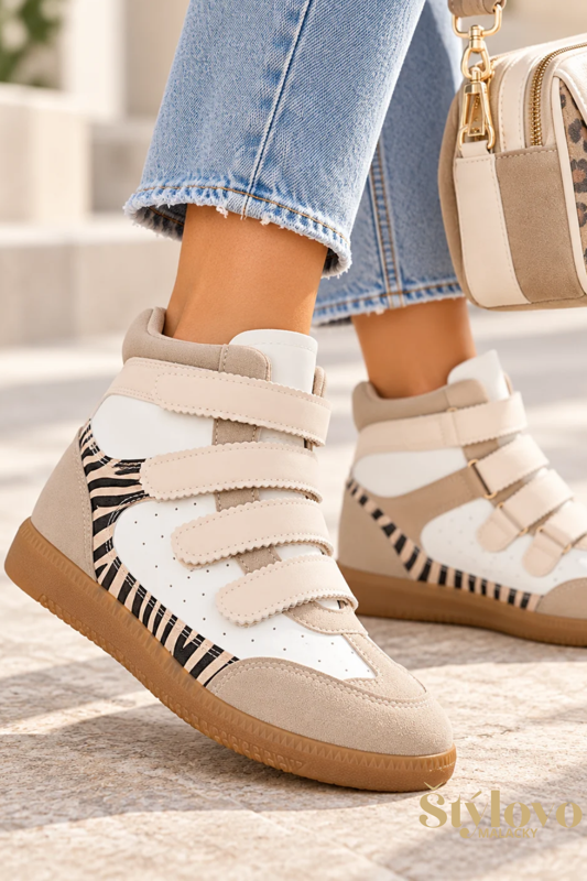 Dámske vysoké tenisky na suchý zips bielo-béžové Zebra.