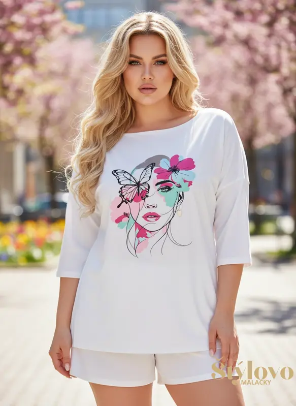 Dámske bavlnené tričko pre plnoštíhle Megi Collection biele s motívom ženy.