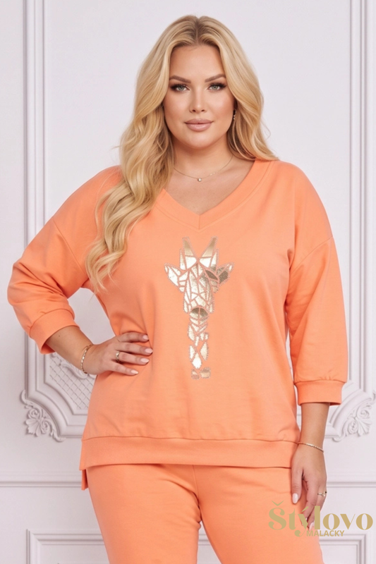 Dámska bavlnená mikina pre plnoštíhle Megi Collection oranžová so zlatou žirafou.