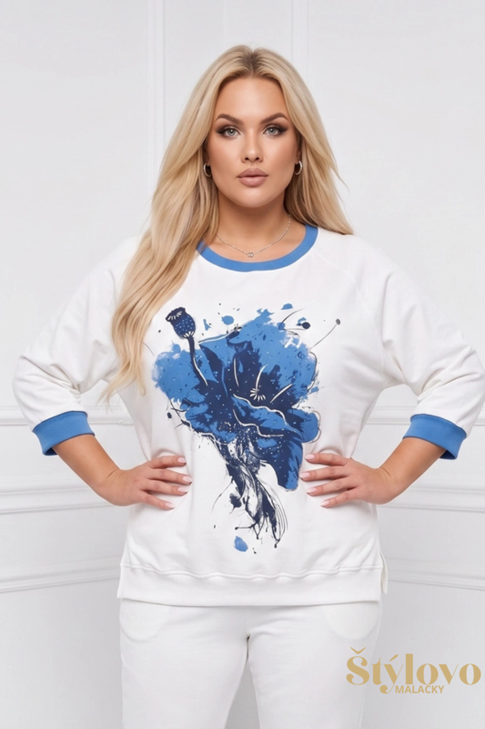 Dámska bavlnená mikina pre plnoštíhle Megi Collection bielo-modrá s kvetom.