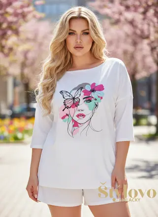 Dámske bavlnené tričko pre plnoštíhle Megi Collection biele s motívom ženy.