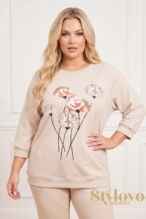 Dámska bavlnená mikina pre plnoštíhle Megi Collection smotanová s ružovými kvetmi.