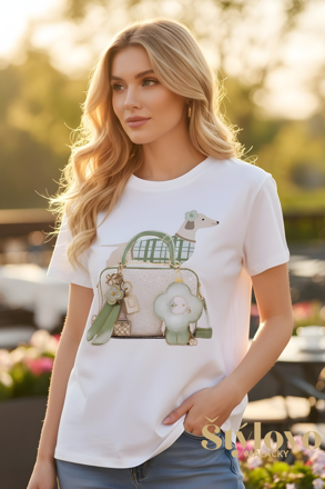 Dámske tričko s módnym psíkom a kabelkou bielo-zelené.