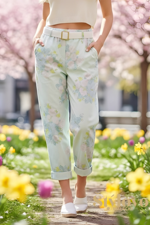 Dámske elastické nohavice s opaskom mentolové s kvetinovým vzorom.