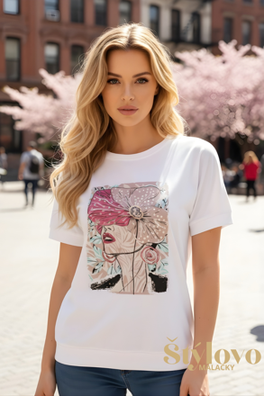 Dámske bavlnené tričko Megi Collection biele s motívom ženy s kvetom.