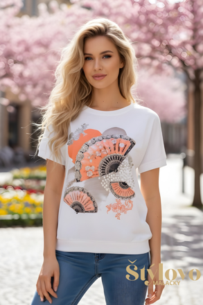 Dámske bavlnené tričko Megi Collection biele s oranžovým motívom vejára.