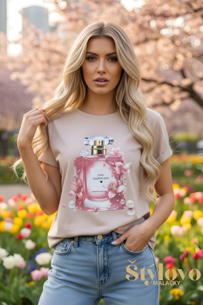 Dámske béžové tričko s parfumom.