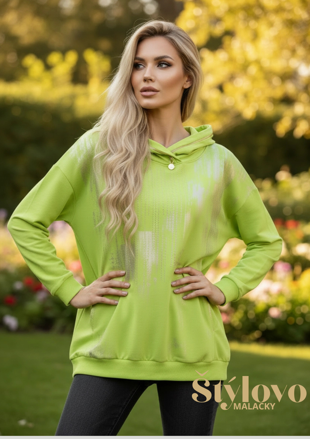 Megi Collection mikina pre plnoštíhle neónovo zelená, so zlatým detailom a kapucňou.