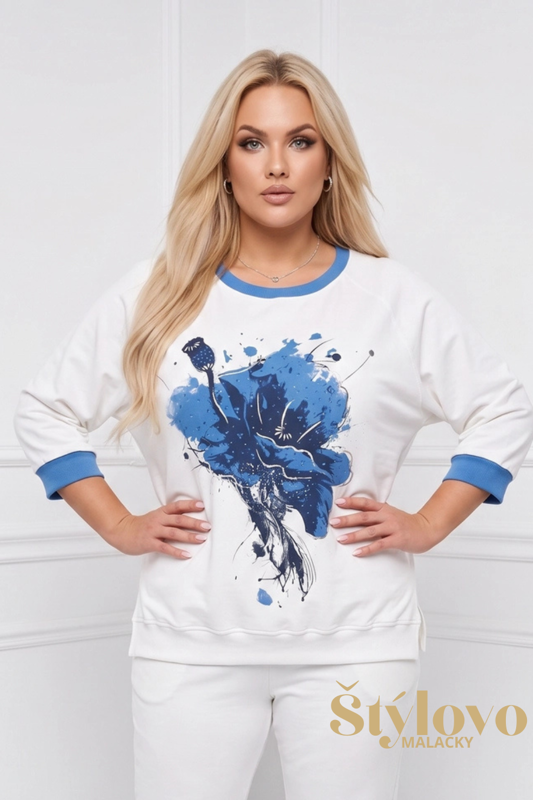 Dámska bavlnená mikina pre plnoštíhle Megi Collection bielo-modrá s kvetom.