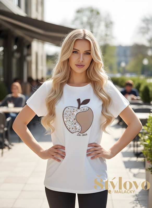Biele bavlnené tričko s "JABLKO" výšivkou a flitrami.