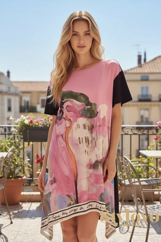 Dámske asymetrické ružové šaty – predĺžená tunika s vreckami.