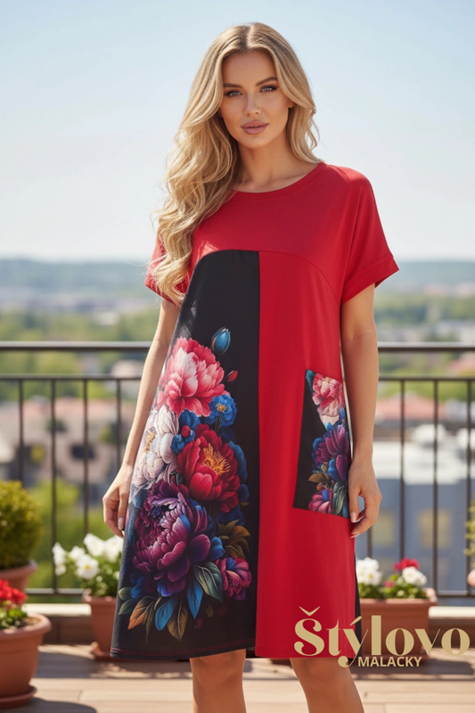 Dámske červené šaty – predĺžená tunika s ozdobným vreckom.