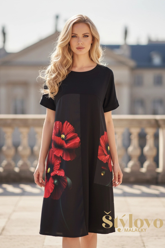 Dámske čierne šaty – predĺžená tunika s ozdobným vreckom.