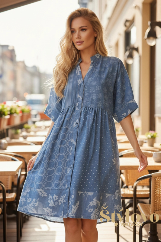 Dámske riflové košeľové šaty tmavo modré pre plnoštíhle s vreckami.