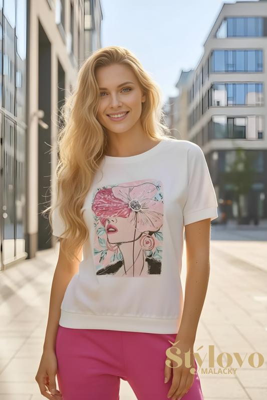 Dámske bavlnené tričko Megi Collection biele s motívom ženy s kvetom.