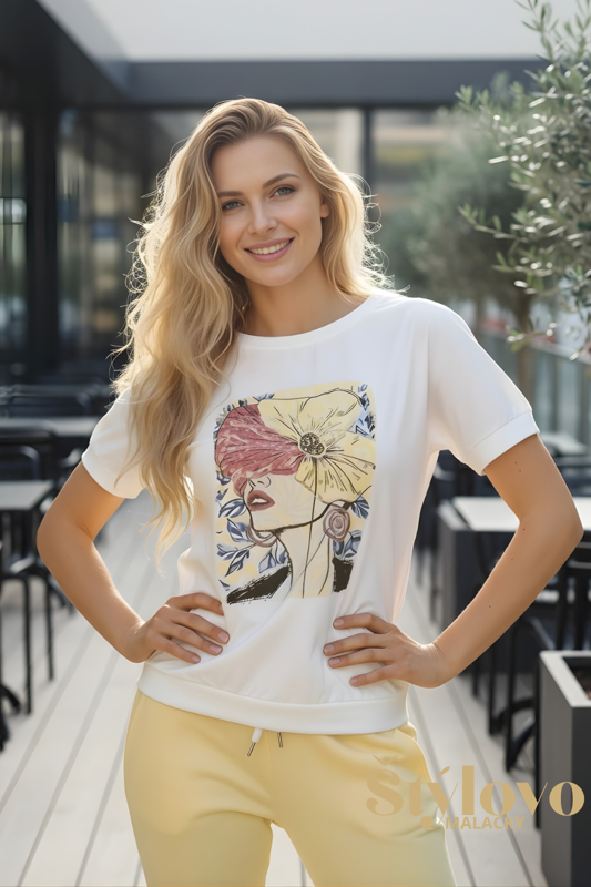 Dámske bavlnené tričko Megi Collection biele s motívom ženy s kvetom.