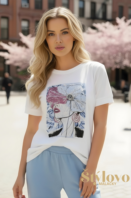 Dámske bavlnené tričko Megi Collection biele s motívom ženy s kvetom.