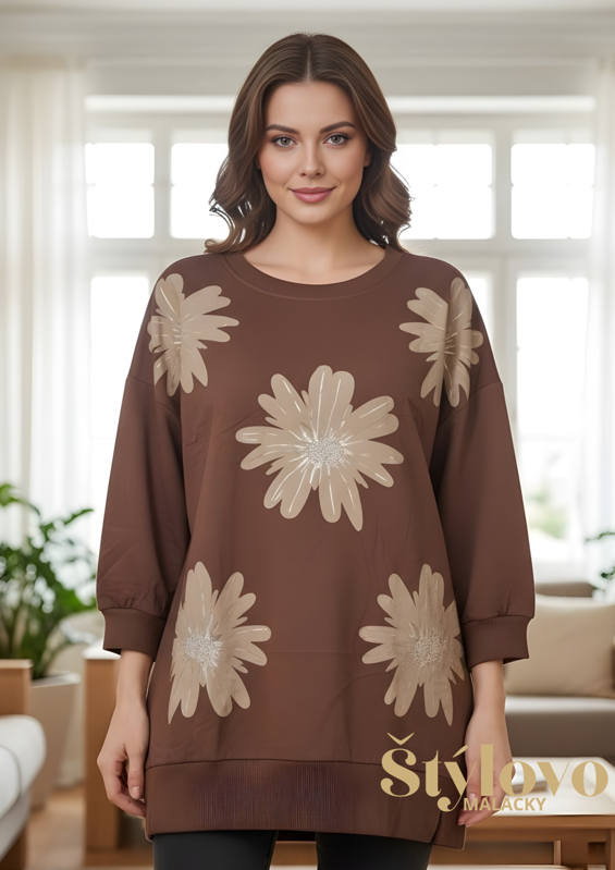 Megi Collection mikina molet "kvety" čokoládová.